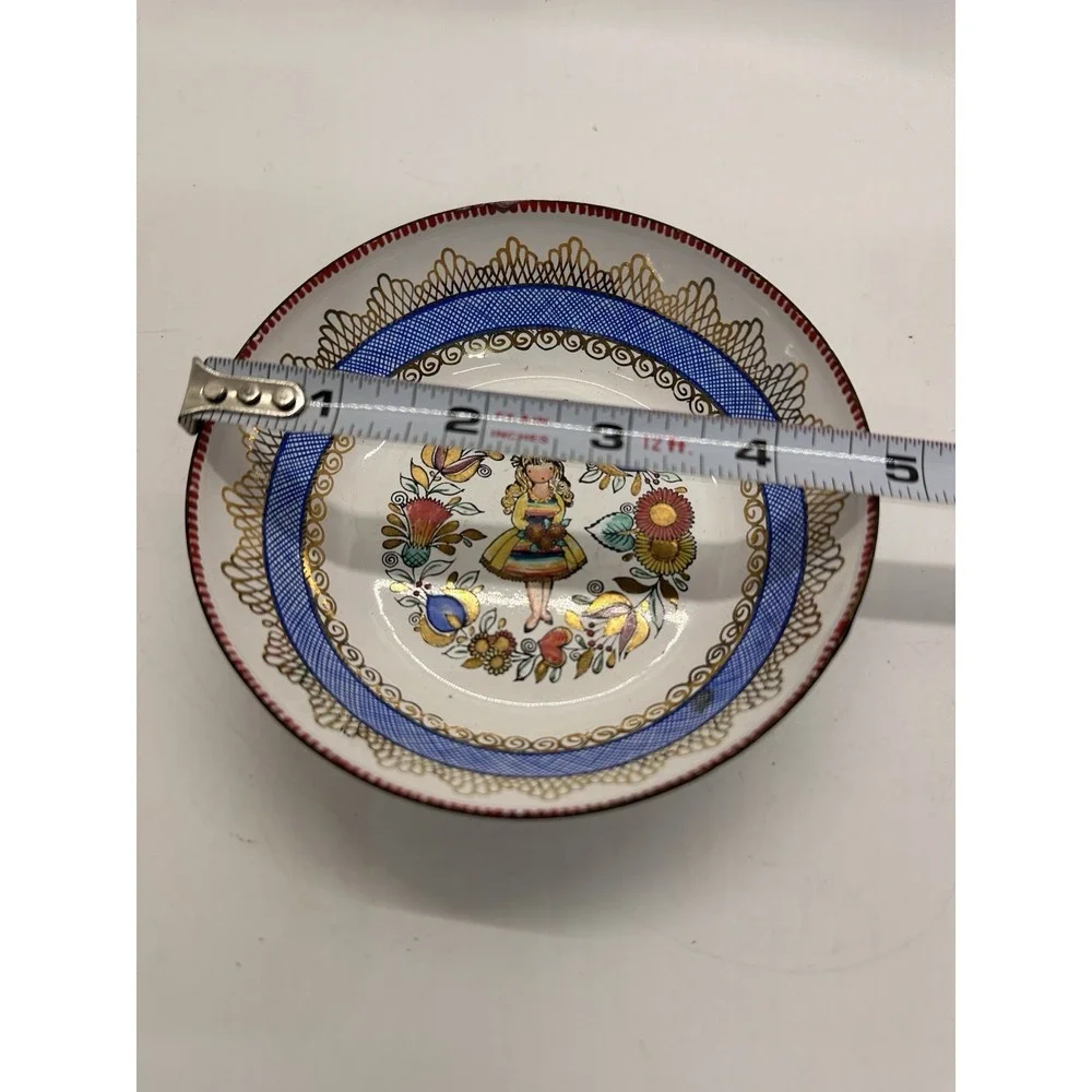 Hand Painted Austrian Folk Art‎ Bowl Girl Floral Design Austria Vintage